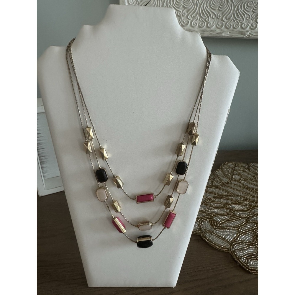 New York And Company Gold Tone Tri Strand Necklace Black Pink Cream Beads 19-22"
